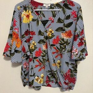 Umgee Blue Striped Floral V-Neck Blouse with Multicolor Blooms
